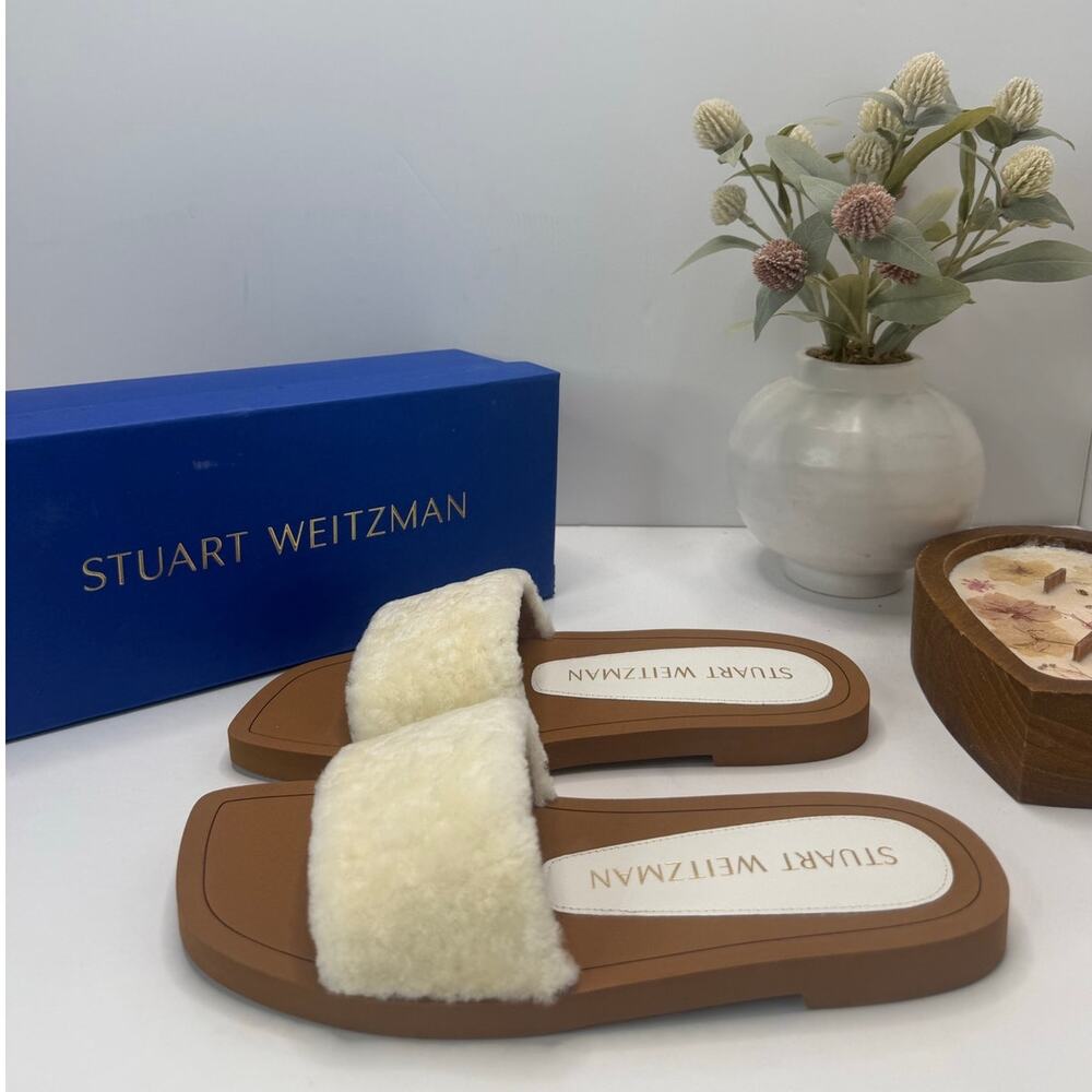 Stuart Weitzman Cammie Plush Slide Sandal Natural/Tan Women 6.5B NWB